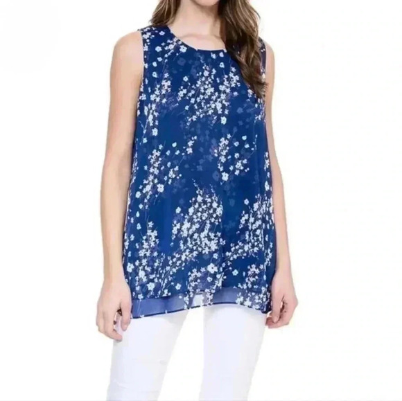 NWT Cristina B Floral Sleeveless Top Size  Medium Blue White Flowy Tunic Blouse - Picture 1 of 9